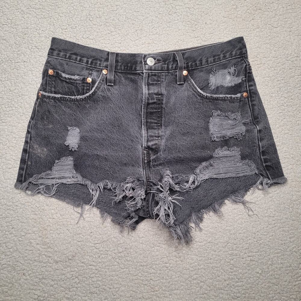 Levis 501 Shorts 32 Black Faded High Rise Cutoff Frayed Button Fly Distressed